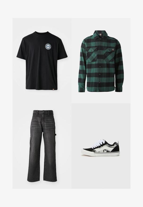 Must must t-särk, millel on ümmargune logo rinnal. Lühikesed varrukad ja ümar kaelus, sirge lõikega allääres.; Roheline ja must ruuduline flanellsärk, millel on pikad varrukad, nööbiga eesmine osa, kaks rinna taskut ja klassikaline krae. Pehme tekstuur, mitmekülgne disain.; Laiad mustad denim püksid, mis on valmistatud pehmest puuvillast ja millel on pleekinud viimistlus. Omab ees nuppe ja küljetaskuid.; Mustmustertootsud, mille halli kamuflaaži külgpaneeliga, valgete paelte ja kummitald. Küljel on valgest niidist tikitud logo detail.