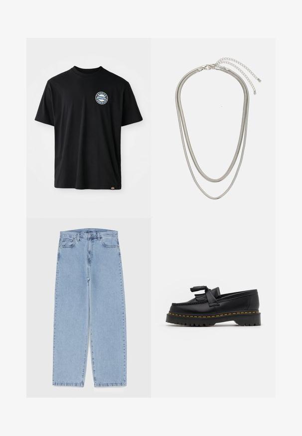 Black cotton t-shirt featuring a round logo on the chest. Short sleeves and crew neck design with a straight cut at the hem.; Light blue denim jeans with straight leg design, featuring a mid-rise waist, five pockets, and a button and zipper closure.; Black leather loafer with a tasseled accent, featuring a chunky black sole and yellow stitching along the edge. Textured finish.; Three-layered silver metal necklace featuring sleek, flexible chains with a slight sheen, secured with a lobster clasp and adjustable chain.