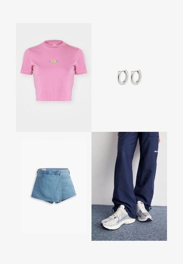 Dickies MAPLE VALLEY - Apdrukāts T-krekls - mellow mauve; Gaiši zili džinsu šorti ar aptverošu dizainu, priekšējām kabatām un metāla pogu aizdari. Gluda tekstūra ar izšūtām malām.; Nike sporta apavi ar sudraba sietu augšdaļu, baltām akcentiem un teksturētām zolēm, saskaņoti ar brīviem zila toņa biksēm.; Sudraba apli auskari ar spīdīgu apdari, kuriem ir apaļa forma un bezšuvju eņģes, rādot gludu virsmu.