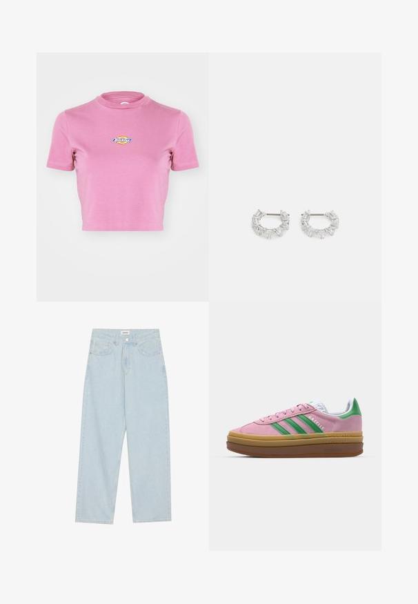 Dickies MAPLE VALLEY - Triko s potiskem - mellow mauve; Světle modré široké džíny z denimu, s mid-rise pasem, pěti kapsami a knoflíkovým zapínáním s úzkým kovovým akcentem.; Růžové semišové tenisky se zelenými pruhy, bílými akcenty a hnědou gumovou podrážkou. Mají strukturovanou tkaninu a detail s logem na boku.; Stříbrné kruhové náušnice s obdélníkovými a trojúhelníkovými průhlednými krystaly uspořádanými do kruhového vzoru se středovým upevněním.