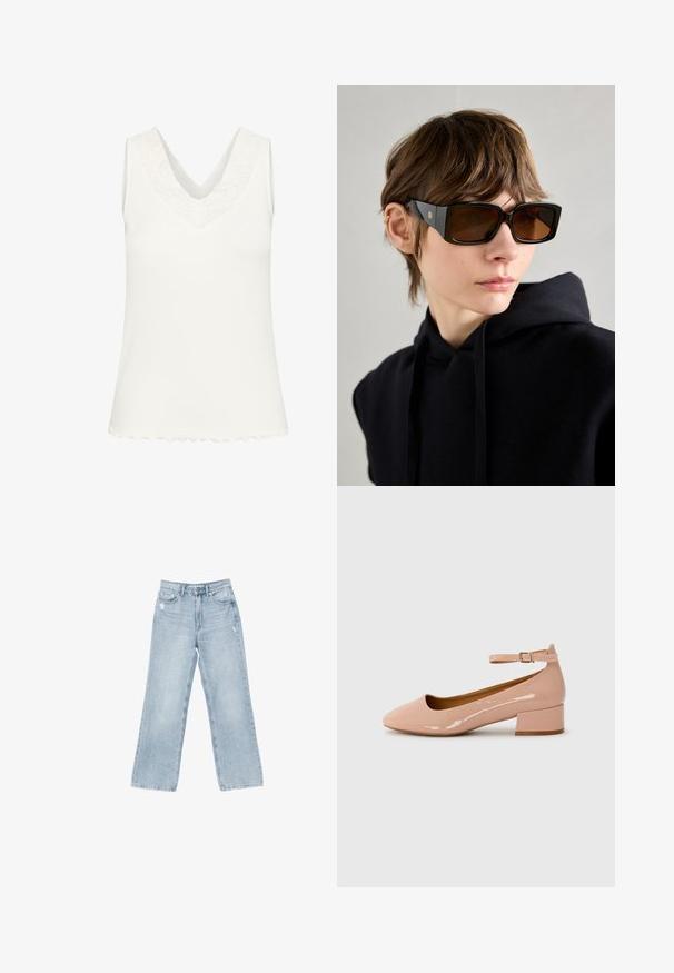 Halenka bez rukávov s V-výstrihom v bielej rebrovanej tkanine, s čipkovým lemovaním výstrihu a vlnitým lemom. Hladká textúra po celom povrchu.; Svetlomodré denimové džínsy s širokým strihom, poškodenými detailmi, päť vreckami a zipsovým zapínaním.; Ružové baleríny z lakovanej kože s okrúhlym špičkou, remienkom okolo členku a nízkym blokovým podpätkom. Hladká textúra a minimalistický dizajn.; Čierne nadrozmerné slnečné okuliare s lesklým povrchom, obdĺžnikový tvar, hnedé tónované sklá a zlatý logotyp na spolkách.