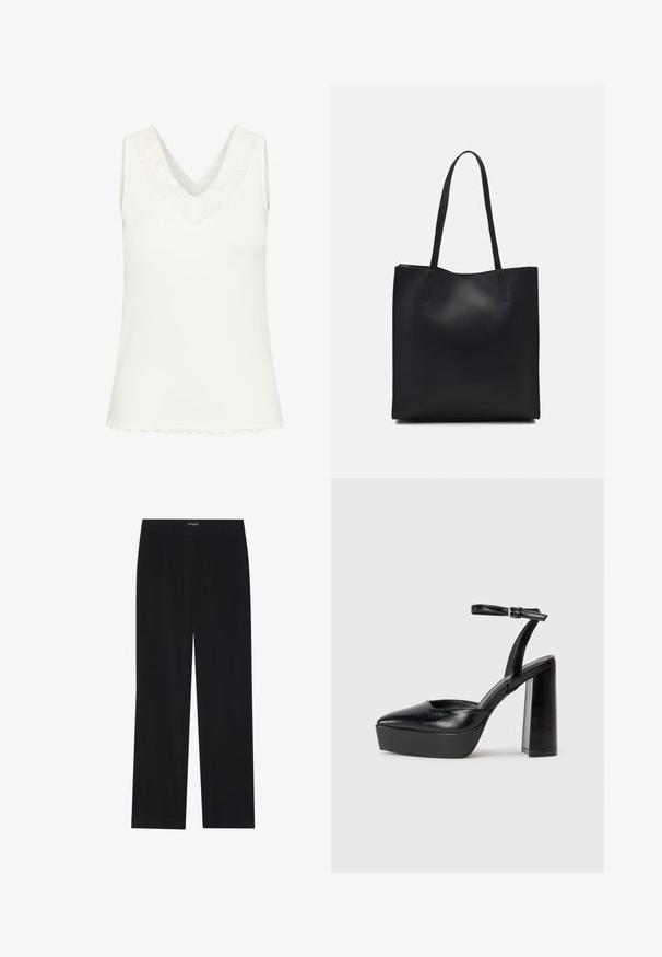 Bežna brezrokavnik majica z V-izrezom v beli ribani tkanini, s čipkastim robom na izrezu in valovitim robom. Splošna gladka tekstura.; Črne kordurojske hlače ravnega kroja z ravnim pasom in brez vidnih žepov, gladke teksture ter z vertikalnimi rebrastimi detajli.; Črne platforme z visokimi petami in koničastim nosom ter nastavljivim gležnjenjskim trakom. Narejene iz gladke usnje, s kockasto peto.; Črna usnjena torba s svilnato teksturo, pravokotne oblike in dvema dolgima ročajema. Brez vidnih metalnih delov ali okrasnih elementov.