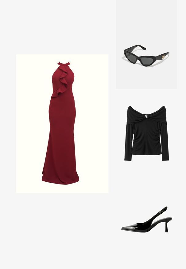 Crna majica s dugim rukavima koja se nosi bez naramenica, s nabranim detaljima sa strane i metalnim naglaskom u središtu. Glatka tekstura tkanine.; Burgundska halter haljina s volanima sa strane; silueta koja se prilagođava tijelu; izrađena od glatkog, rastezljivog materijala; dužina do poda.; Crne lakovane kožne cipele s otvorenom petom, šiljastim vrhom, izrezanim stranama, podešavajućom naramenicom i tankim, elegantnim potplatom.; Naočale u obliku mačjih očiju s okvirom od mat crne plastike, tamnim lećama i zlatnim logotipom na sljepočnici. Kutni dizajn i glatka tekstura.; Michael Kors novčanik na zapešću u bež premazanoj tkanini s ponavljajućim uzorkom MK loga, zlatnim hardverom i odvojivim lancem za nošenje.