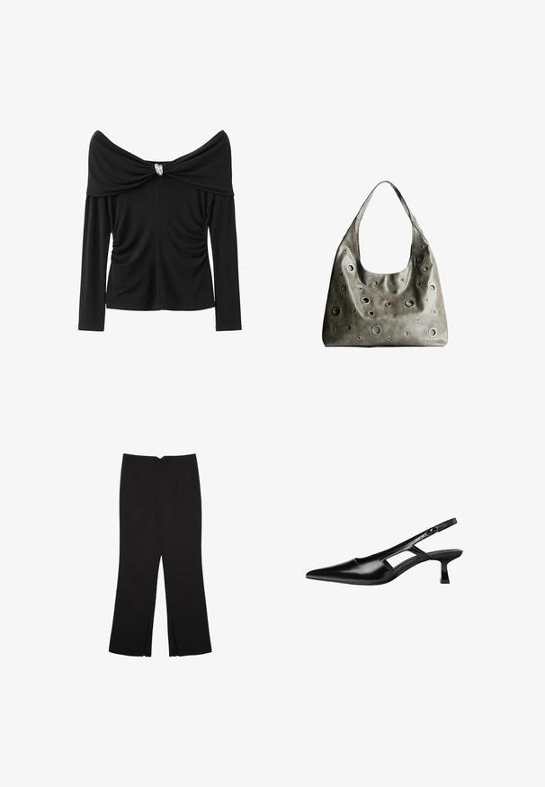Czarna bluzka z odkrytymi ramionami, z długim rękawem, z marszczonymi detalami po bokach oraz metalicznym akcentem na środku. Gładka tekstura materiału.; Czarne spodnie o prostym kroju, z przednimi kieszeniami i bocznymi rozcięciami na dole. Wykonane z miękkiego, gładkiego materiału. Odpowiednie na różne okazje.; Czarne lakierowane czółenka na odkrytej pięcie z wąskim noskiem, z wykrojem po bokach i małym kwadratowym obcasem. Gładka faktura z minimalnymi akcentami.; Oliwkowa skórzana torebka o luźnym fasonie, z różnej wielkości okrągłymi wycięciami i akcentami w ciemniejszych i jaśniejszych odcieniach.