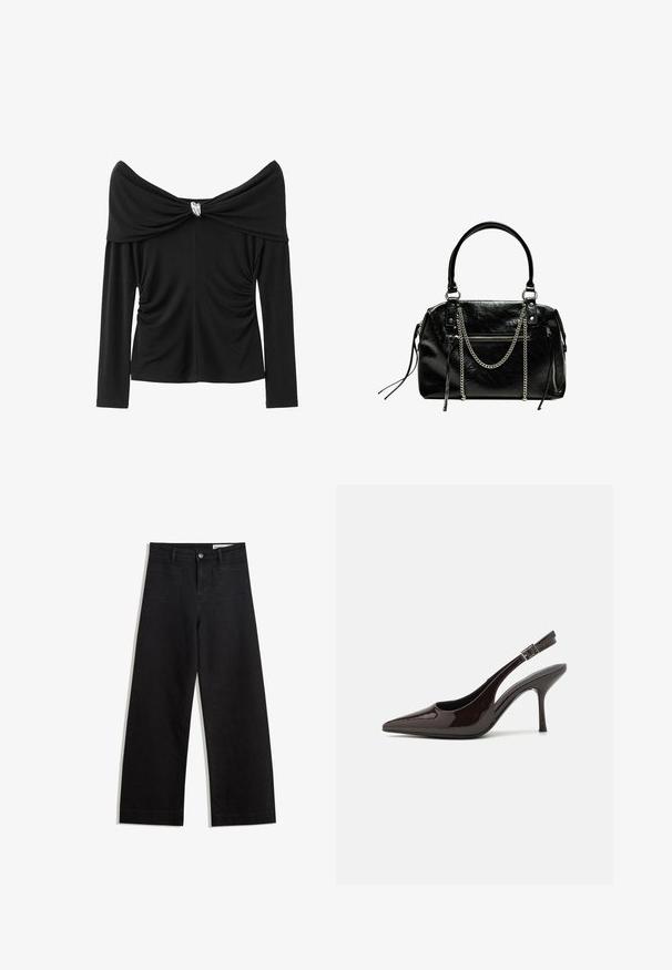 Zwarte off-the-shoulder top met lange mouwen, voorzien van gecollopeerde details aan de zijkanten en een metallic accent in het midden. Gladde stoftextuur.; Zwarte denim broek met wijde pijpen en een hoge taille, voorzien van voor- en achterzakken, gestikte naden en een knoopsluiting. Gladde textuur.; Slingback hoge hak schoen in glanzend donkerbruin patentleer, puntige neus, open zijkanten en verstelbare enkelband.; Bershka WITH CHAIN - Handtas - black