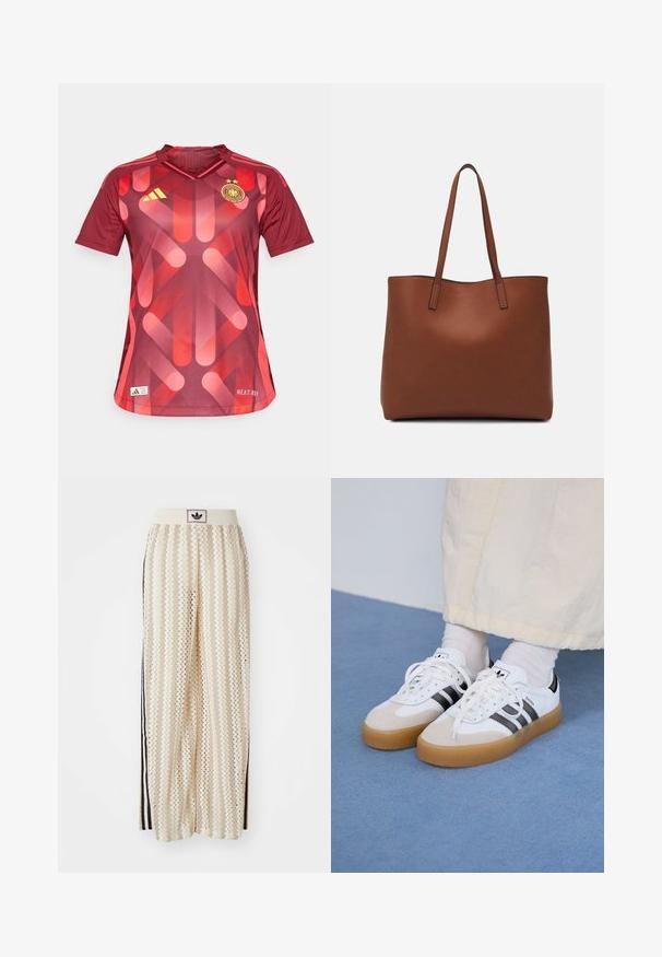 Rød sportstrøye med korte ermer, med et geometrisk oransje mønster, v-hals, tre gule striper på skuldrene, og et brystmerke.; Kremfargede bukser med brede ben og zigzag-mønster, med en svart logo-linning og svarte striper på siden. Lett, teksturert stoff.; Hvite sneakers med svarte striper og beige semsket skinn-detaljer. Har en teksturert gummisåle og flate hvite snører, brukt med lyse sokker.; Brun lær tote veske med en jevn tekstur, åpen toppdesign og to skulderstropper. Har minimal søm og ingen synlige spiker.