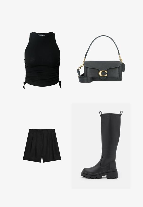 Zwarte geribbelde tanktop met een hoge halslijn, een getailleerde pasvorm en verstelbare zijkanten voor een aanpasbare fit. Zachte textuur, minimale details.; Zwarte op maat gemaakte shorts van een gladde, lichtgewicht stof. Met plooien, twee zijzakken en een strakke tailleband.; Zwarte kniehoge laars van soepel leer met een chunky zool en een lichte hak. Voorzien van trekbanden en elastische zijpanelen voor gemakkelijk aan- en uittrekken.; Zwarte leren handtas met een gouden hardware accent, voorzien van een kenmerkende sluiting, een afneembare schouderband en een ge textureerd oppervlak.