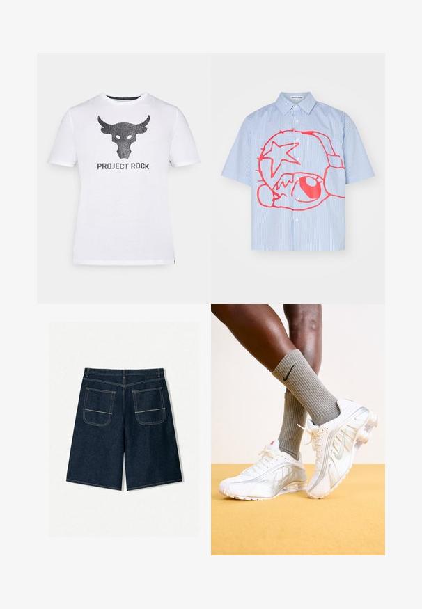 Biela bavlnená tričko s čiernym logom býka a textom "PROJECT ROCK" v opotrebovanom písme na prednej strane. Krátke rukávy a okrúhly výstrih.; Košeľa s krátkym rukávom, ktorá má svetlo modré a biele pruhy, s výrazným červeným grafickým vzorom vrátane hviezdy a kruhových tvarov.; Tmavomodré riflové šortky s voľným strihom, ktoré majú dva zadné vrecká s kontrastným šitím. Rovný strih a dĺžka po kolená.; Biele tenisky Nike so striebornými akcentmi, vybavené textúrovanými panelmi a perforáciami. Spárované so šedými rebrovanými ponožkami, umiestnené na žltom pozadí.