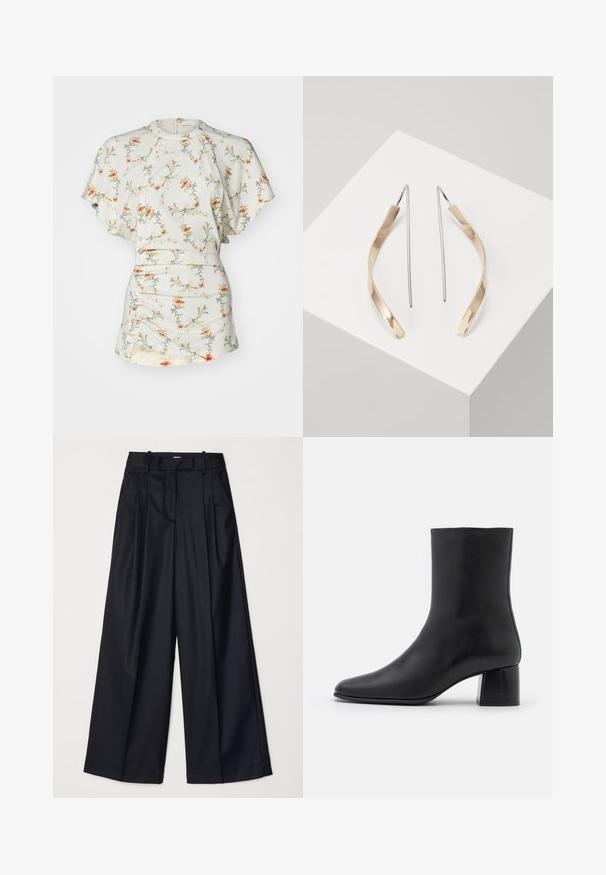 Gėlių raštų trumpomis rankovėmis palaidinė kreminės spalvos, su mygtukais, apvalia iškirpte ir surinkimais ties liemeniu. Lygus, lengvas audinys.; Juodos plačios kojų kelnės, pagamintos iš lygaus audinio, su aukštu liemeniu, klostėmis ir pritaikytu dizainu. Paprasta juoda detalių sistema liemens srityje.; Juodas odinis kulkšninis botas su smailiu pirštu ir masyviu kvadratiniu kulnu. Lygus paviršius be siūlių ir minimalizmu išsiskiriantis dizainas.; Auksiniai ir sidabriniai kabantys auskarai su išlenkta, pailga forma. Blizgus paviršius su lygiu tekstūra ir minimalistinis dizainas.