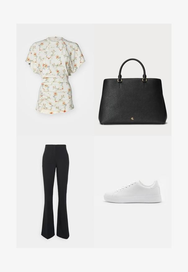 Bluse med kortærmer i cremet farve med blomsterdesign, featuring knapper, rund halsudskæring og samlede detaljer i taljen. Glat, let stof.; ONLY Tall ONLEDINA FLARE PANT - Bukser - black; Hvide sneakers med en glat syntetisk overdel, rund tå, seks øjer til snørebånd, og en lavprofil gummisål med teksturerede detaljer.; Sort læderhåndtaske med struktureret design, glat tekstur og to topremme. Har guld accenter og et logo nederst.