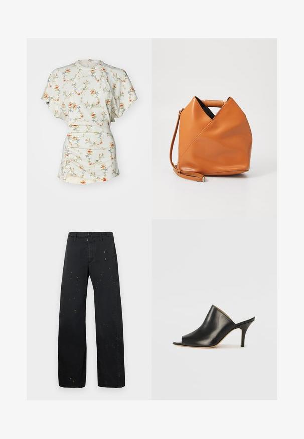 Krēmveida blūze ar ziedu rakstu un īsām piedurknēm, aprīkota ar pogām, apaļu kakla izgriezumu un savilcēm vidukļa daļā. Gluda, viegla auduma.; MM6 Maison Margiela PANTS - Brīva piegriezuma džinsi - black; Melna ādas atvērta pirksta mule ar elegantu, izliekta dizaina, augstu stiletto papēdi un gludu tekstūru. Iekšpusei ir kontrastējoša gaiša krāsa.; Tan krāsas ādas soma ar unikālu trīsstūra locījuma dizainu, augšējo rokturi un noņemamu plecu siksnu uz balta fona.