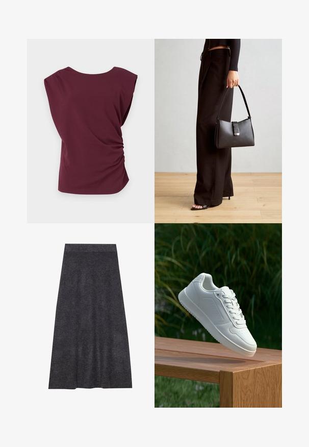 Burgundijas īsām piedurknēm blūze ar noapaļotu kakla izgriezumu, savilkta plecu detaļa un vērpta sānu dizains. Izgatavota no gludas, elastīgas auduma.; Tumši pelēks, līdz ceļiem garš adīts svārks ar gludu faktūru un jostu. A formas siluets ar viendabīgu apakšmalu, izstrādāts komfortam un daudzpusībai.; Baltie sporta apavi ar gludu sintētisku augšpusi, perforētu pirkstu daļu, plakani šņorēm un rakstainu zoli, novietoti uz koka virsmas.; Melnā somiņa ar strukturētu formu, gludu tekstūru un metālu sprādzi. Saskaņota ar platām melnām biksēm un sandālēm ar atvērtu purngalu uz koka grīdas.