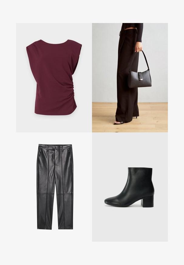 Burgundijas īsām piedurknēm blūze ar noapaļotu kakla izgriezumu, savilkta plecu detaļa un vērpta sānu dizains. Izgatavota no gludas, elastīgas auduma.; Melni ādas bikses ar gludu tekstūru, taisnas piegriezuma, divi priekšējie kabatas un redzami šuvju izstrādājumi.; Melna ādas potīšu zābaki ar smailu purngalu un masīlu papēdi. Gluda tekstūra ar minimāliem akcentiem un gludu, pieguļošu dizainu.; Melnā somiņa ar strukturētu formu, gludu tekstūru un metālu sprādzi. Saskaņota ar platām melnām biksēm un sandālēm ar atvērtu purngalu uz koka grīdas.