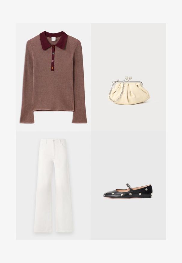 Langärmliges, geripptes Oberteil in Mauve mit einem burgunderfarbenen Polo-Kragen. Drei mehrfarbige Knöpfe am Halsbereich sorgen für Kontrast und Details.; Weiße, hoch taillierte, weite Jeans aus Denim. Verfügt über einen Knopfverschluss, zwei Fronttaschen und Seitennähte mit Stickdetails.; Schwarze Leder-Mary-Jane-Ballenflats mit runder Zehenform, ausgestattet mit silbernen runden Nieten und einem verstellbaren Riemen mit Schnalle.; Faltige beigefarbene Ledertasche mit einem silbernen Metallrahmen, ausgestattet mit zwei runden dekorativen Verschlüssen und einem silbernen Kettenriemen.