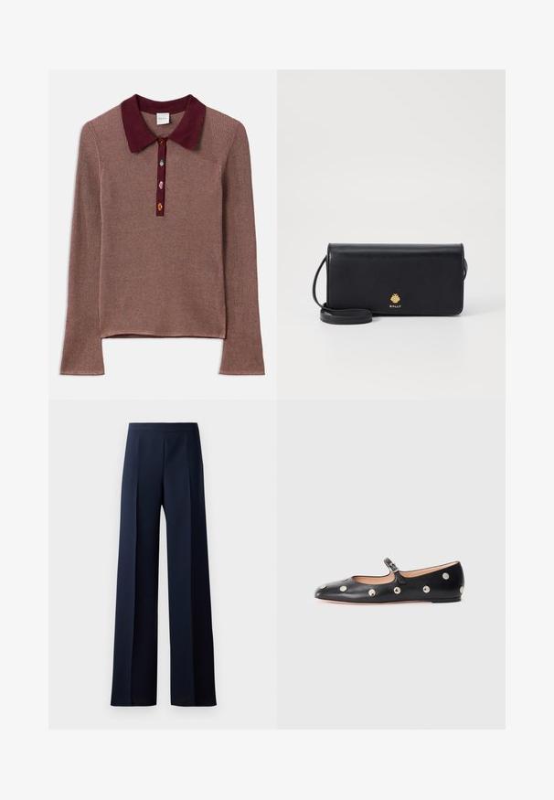 Long-sleeve ribbed top in mauve with a maroon polo collar. Three multicolored buttons at the neck add contrast and detail.; Wide-leg trousers in dark navy fabric, featuring a smooth texture, subtle front pleats, and a fitted waistband for a streamlined silhouette.; Black leather Mary Jane flat shoe with a rounded toe, featuring silver circular studs and an adjustable strap with a buckle.; Black leather wallet with a slim rectangular shape, featuring a gold logo. Includes a detachable strap for carrying convenience.