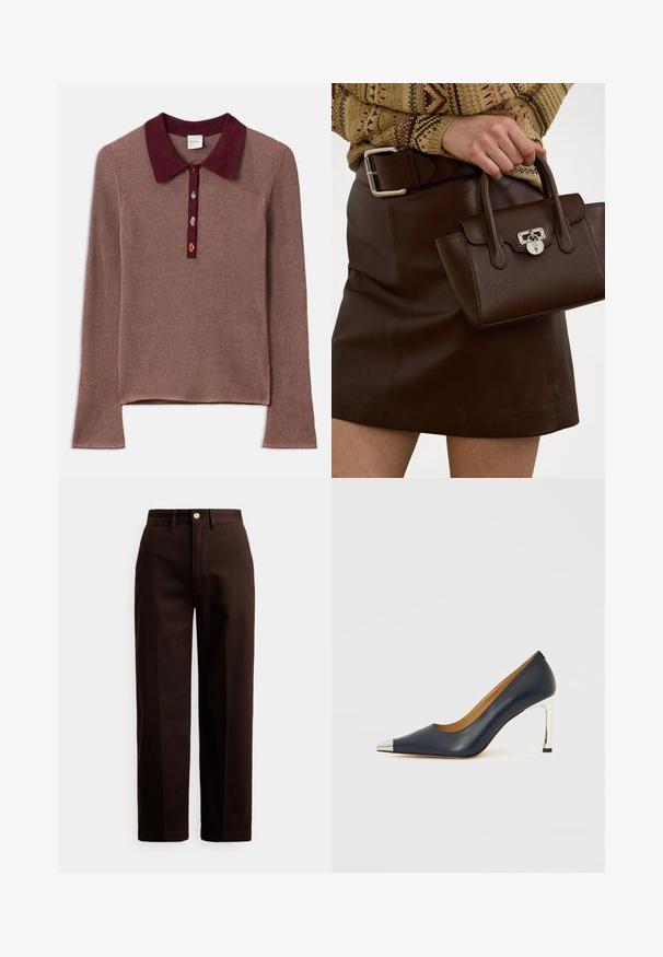 Långärmad ribbad topp i mauve med en vinröd polokrage. Tre flerfärgade knappar vid halsen ger kontrast och detalj.; Mörkbruna raka byxor med knapp- och dragkedjestängning, bälteshällor och framfickor mot en vit bakgrund.; Mörkblå högklackad lädersko med spetsig tå, som har en silverfärgad metallhätta och en glänsande silverstiletto-häl.; Brun läderhandväska med texturerad yta och silverdetaljer, hålls med en hand bredvid en brun läderkjol och en mönstrad tröja.