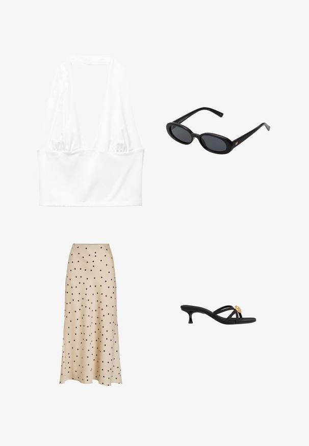 White halter crop top featuring a deep V-neckline and gathered fabric detail at the sides. Made from smooth, stretchy material.; Beige midi skirt made of smooth fabric, featuring an all-over black polka dot pattern, with a slightly flared silhouette and slit detail.; Black slide sandals with thin, crisscrossing straps. Features a small, tapered heel and a gold accent detail on the strap. Smooth texture.; Black oversized sunglasses with oval lenses, smooth plastic frame, and gold accents on temple. Dark lenses provide sun protection.; Black leather handbag with a glossy finish, curved shape, dual handles, and gold hardware. Features branding in gold at the front.