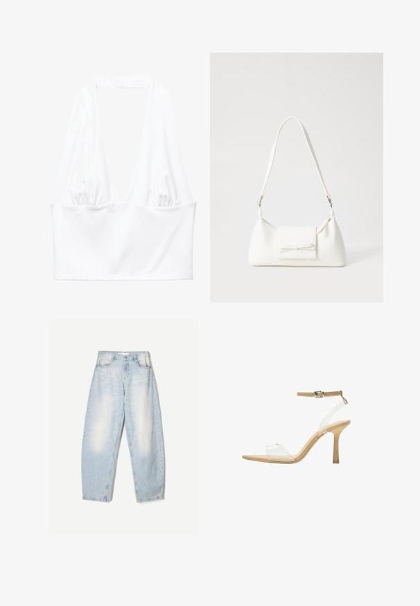 Top cropped alb cu bretele, având un decolteu adânc în V și detalii cu material plisat pe lateral. Fabricat dintr-un material neted și elastic.; Jeanși din denim albastru deschis, cu o croială lejeră, având un finisaj decolorat, două buzunare frontale și o închidere cu nasture la talie.; Sandalie cu toc transparent, cu un brad transparent, talpă bej și o curea subțire pentru glezna. Au vârf ascuțit și un toc subțire înalt.; Geantă sintetică albă, cu formă triangulară, capac frontal plat și detaliu cu fundă, curea ajustabilă, textură netedă și design minimalist.