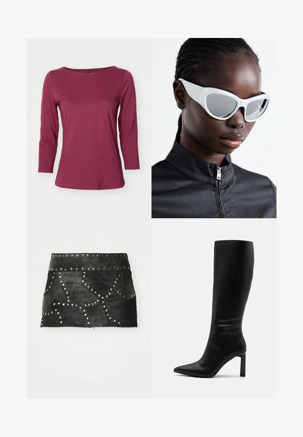 ONLY ONLFIFI BOX - Long sleeved top - burgundy; Black leather skirt with decorative silver studs and curved stitching. Features a fitted waist and a hemline that sits above mid-thigh.; Even&Odd Boots - black; White sunglasses with a bold, oversized design and mirrored lenses, featuring smooth plastic frames and accentuated curves.; Silver hoop earrings with a polished finish, featuring a circular design and seamless hinges, displaying a smooth texture.