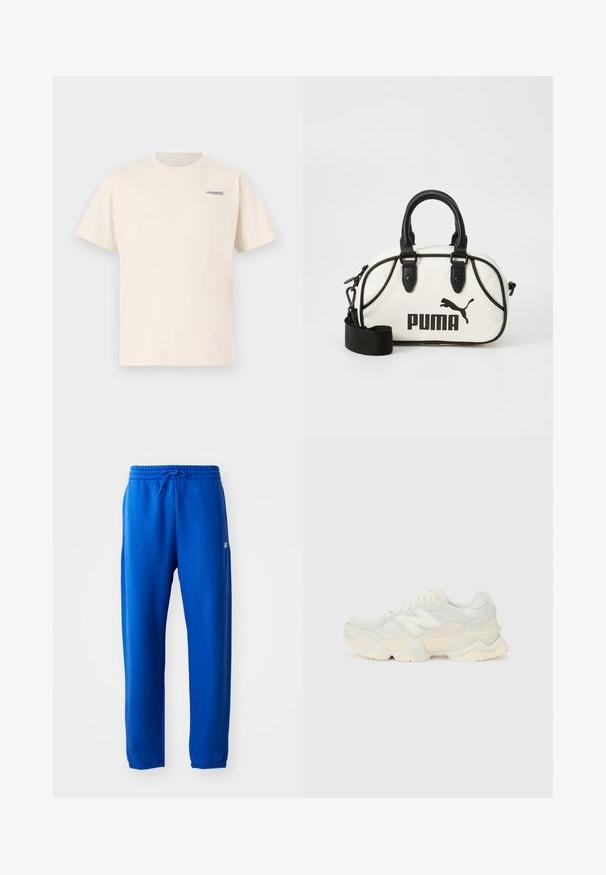 Kortermet t-skjorte med rund hals i off-white bomull, med subtilt mørkeblå merking på venstre brystområde. Standard passform med glatt tekstur.; Blå joggebukser laget av mykt stoff, med elastisk midjebånd og snøring, smale ben og en liten logo-detalj på siden.; Lett sneaker med en overdel i mesh og semsket skinn i myke kremtoner, med en kraftig såle og tredimensjonale detaljer.; Hvit håndveske med svarte detaljer, med Puma-logo. Korte, avrundede håndtak og en avtagbar stropp, laget av teksturert syntetisk materiale.