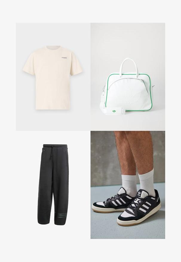 Tričko s krátkým rukávem a kulatým výstřihem v off-white bavlně, s jemným tmavě modrým logem na levé straně hrudi. Standardní střih s hladkým povrchem.; Černé tepláky s volným střihem, elastickým pasem, šňůrkou, bočními kapsami a třemi decentními vodorovnými pruhy v oblasti kotníku.; Černobílé tenisky s vrchní částí z semišové a kožené kůže, včetně tří bílých pruhů, perforovaného špičky a podrážky z gumy.; Bílá kožená taška se zeleným lemováním, s výrazným embosovaným logem, dvojitými uchy, odnímatelným popruhem a kapsou na zip na přední straně.