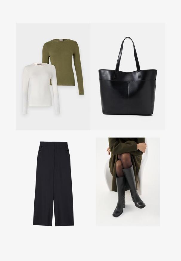 Two long-sleeve tops: one white and one olive green. Both feature crew necklines and a smooth, soft texture.; Wide-leg trousers in dark navy fabric, featuring a smooth texture, front pleats, and decorative gold-tone eyelets on the side pockets.; Knee-high black leather boots with a squared toe and block heel, shown with a model seated in an olive green coat. Smooth texture, minimal detailing.; Black leather tote bag with two long handles, a smooth texture, and a structured shape. Features a front pocket for additional storage.