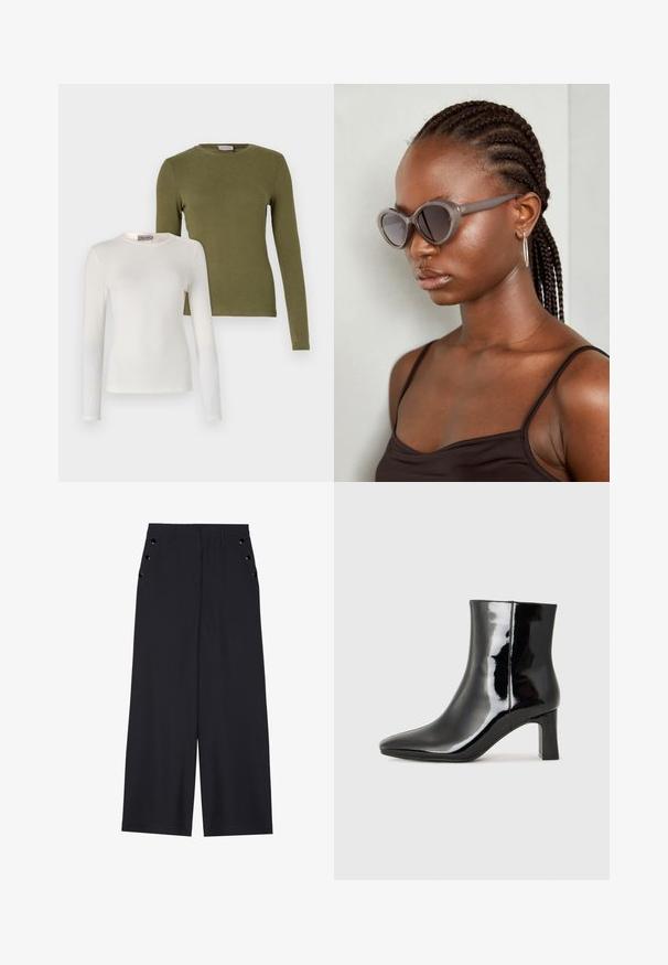 Dva dugih rukava: jedan bijeli i jedan maslinasto zeleni. Oba imaju okrugle izreze i glatku, meku teksturu.; Hlače širokih nogavica od tamnoplave tkanine, s glatkom teksturom, prednjim ispupčenjima i dekorativnim zlatnim okovama na bočnim džepovima.; Crne lakirane kožne gležnjače s šiljastim prstom i srednje visokom blok petom. Glatka tekstura i minimalistički dizajn.; Sive velike sunčane naočale s okruglim oblikom i tamnim lećama. Elegantan plastični okvir s glatkom završnom obradom. Model ima pletenu kosu.