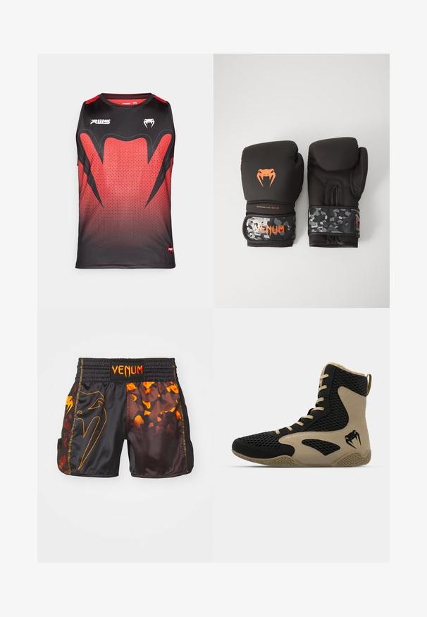 Sort og rød ærmeløs atletisk tanktop med et gradientmønster, hexagonal tekstur og dristige sorte detaljer med logoer.; Sorte og orange Venum shorts med en blank finish, kontrasterende camouflagemønstre og en elastisk talje med logo-detalje.; Høj-top atletisk sko med en sort mesh-yderside og beige accenter. Tekstureret gummisål og detaljeret logo på siden.; Sorte boksehandsker med mat finish og ergonomisk design. Orange logodetaljer og håndledsstropper med camouflage-mønster.