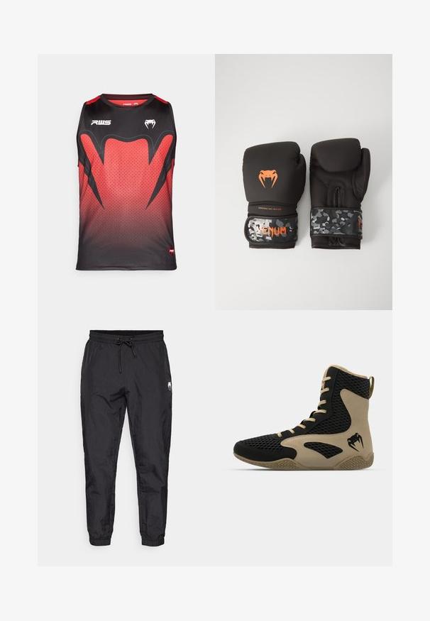 Canotta sportiva senza maniche nera e rossa con un motivo a gradiente, texture esagonale e audaci accenti neri con loghi.; Pantaloni jogger neri, leggeri, con vita elasticizzata e coulisse, gambe affusolate e finitura leggermente testurizzata.; Scarpa sportiva alta con esterno in rete nera e dettagli color beige. Suola in gomma testurizzata e logo sul lato.; Guanti da boxe neri con finitura opaca e design ergonomico. Dettagli del logo arancione e cinturini per il polso a motivo camouflage.