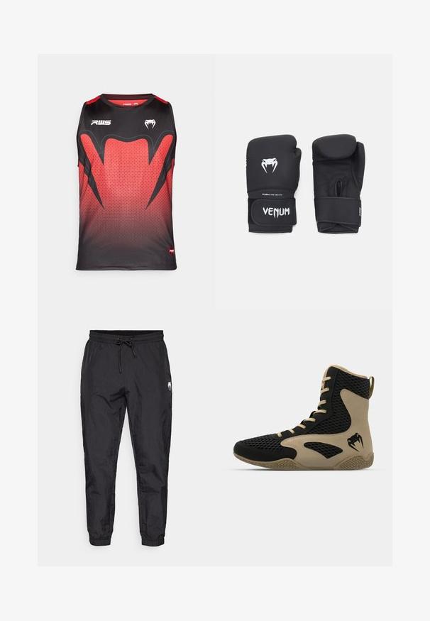 Crna i crvena sportska majica bez rukava s gradijentnim uzorakom, heksagonalnom teksturom i odvažnim crnim naglascima s logotipima.; Crne, lagane jogger hlače, s elastičnim pojasom i vezicom, sužavajućih nogavica i suptilnom teksturiranom završnom obradom.; Kožne visoke atletske tenisice s vanjskom mrežicom u crnoj boji i bež naglascima. Teksturirana gumena potplat i detalj s logotipom sa strane.; Crne bokserske rukavice s glatkom teksturom, s bijelom Venom logotipom i podesivim trakama na čičak za sigurno pristajanje.
