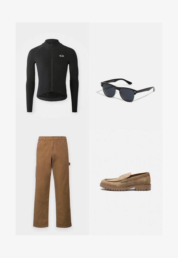 Juodas ilgos rankovės dviratininko džersis su užtrauktuku priekyje, tekstūruotais rankovių paneliais, atspindinčiu logotipu ant krūtinės ir išlenkta nugara.; Rudos medvilniniai cargo džinsai tiesiomis kojomis, su šoninėmis kišenėmis ir metaliniu mygtuko uždarymu ties liemeniu. Lygi tekstūra ir kasdieniškas dizainas.; Šviesiai rudos su mokasinų stiliaus iš odos pagamintos loafer'iai su apvaliomis pirštų dalimis, plokščiu guminio pado ir dekoratyviniais siūlų raštais viršuje. Turi be raištelių dizainą.; Juodos saulės akinių su stačiakampiu rėmeliu, tamsiais lęšiais, sidabrinėmis detalėmis šventrajose ir matinio paviršiaus rėmeliu.; Pier One SET - Laikrodis - black/brown
