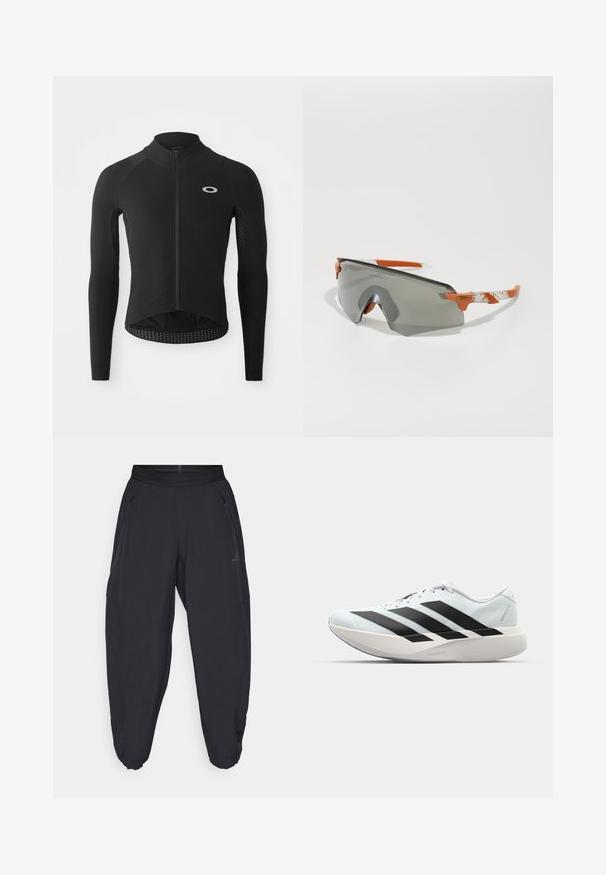 Jersey de ciclismo preto de mangas longas com fecho na frente, painéis de manga texturizados, logótipo refletor no peito e bainha curva na parte de trás.; Calças de desporto pretas com cintura elástica, bolsos laterais com fecho, pernas ajustadas e um logótipo discreto na coxa direita.; Tênis de corrida leves em azul pálido com riscas pretas. Apresentam um cabedal liso, bico redondo e uma entressola espessa branca rotulada como "LIGHTSTRIKE PRO."; Óculos de sol desportivos com lentes cinzentas, detalhes laranja e hastes brancas estampadas. Projetados para performance com um formato envolvente.