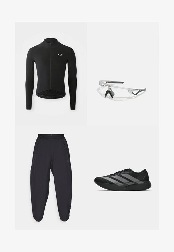 Musta pitkähihainen pyöräilypaita, jossa on vetoketjukiinnitys edessä, teksturoidut hihapaneelit, heijastava logo rinnassa ja kaareva helma takana.; Mustat urheiluhousut, joissa on joustava vyötärö, vetoketjulliset sivutaskut, kaventuvat lahkeet ja huomaamaton logo oikeassa reidessä.; Mustat urheilukengät, joissa on kevyt muotoilu, kolme näkyvää harmaata raitaa, sileä pinta ja muotoiltu pohja.; Läpinäkyvät turvalasit, joissa on kevyt, läpinäkyvä kehys ja harmaat yksityiskohdat. Varustettu ympäröivällä muotoilulla ja säädettävällä nenätyynyllä.