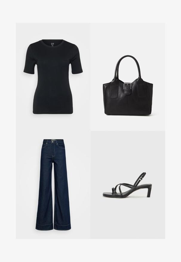 Tricou negru, ajustat, cu mâneci scurte, decolteu rotund, textură canelată și plasare subtilă a logo-ului aproape de guler.; Jeans cu talie înaltă, albastre închise, cu picioare largi, cu buzunare frontală, bați pentru curea, închidere cu nasture și cusături vizibile, pe un fundal alb.; Sandal cu barete negre, cu vârf pătrat și toc mic de bloc. Prezintă mai multe barete subțiri și o bareta ajustabilă la gleznă. Fabricat din piele netedă.; Geantă tote din piele neagră cu textură netedă, formă structurată, două mânere și un detaliu proeminent din aliaj de argint pe partea din față.