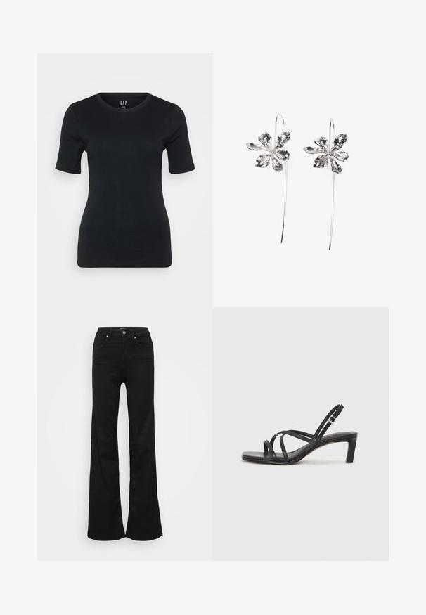 Tricou negru, ajustat, cu mâneci scurte, decolteu rotund, textură canelată și plasare subtilă a logo-ului aproape de guler.; Jeans negri evazați din denim, cu talie înaltă, cinci buzunare și închidere cu nasture metalic. Textură netedă, cu detalii minime.; Sandal cu barete negre, cu vârf pătrat și toc mic de bloc. Prezintă mai multe barete subțiri și o bareta ajustabilă la gleznă. Fabricat din piele netedă.; Cercei argintii în formă de floare cu un finisaj texturat, având cârlige lungi și detalii asemănătoare petalelor pentru un design complex.