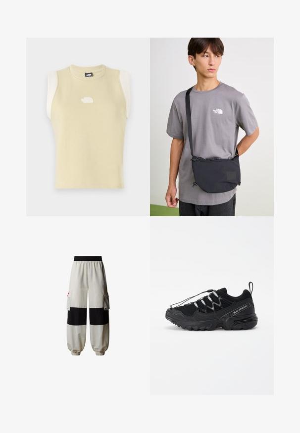 Bezrokavnik iz pastelno rumenega bombaža z okroglim izrezom. Vsebuje kontrastne kremne ramenske plošče in teksturiran logo na prsih.; The North Face HIMALAYAN - Hlačami s stranskimi žepi - white dune tnf black; Črne tekaške čevlje z mrežasto zgornjim delom, odsevnimi poudarki in elastičnimi vezalkami. Imajo robusten podplat z vzorci za oprijem za stabilnost.; Črn najlonov crossbody nahrbtnik z nastavljivim trakom, ki ima zapiranje na vrvico in odtisnjen logotip. Uporablja se nad sivo majico.