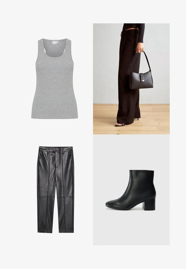 Canottiera grigia a coste con scollatura a forma di uovo e bretelle larghe. Realizzata in un tessuto morbido e leggero. Presenta una forma aderente e cuciture minime.; Pantaloni in pelle nera con una texture liscia, caratterizzati da un fit dritto, due tasche frontali e dettagli delle cuciture in evidenza.; Stivali neri in pelle fino alla caviglia con punta appuntita e tacco spesso. Texture liscia con minimi dettagli e un design elegante e aderente.; Borsa nera con forma strutturata, texture liscia e una chiusura metallica. Abbinata a pantaloni neri larghi e sandali open-toe su un pavimento in legno.