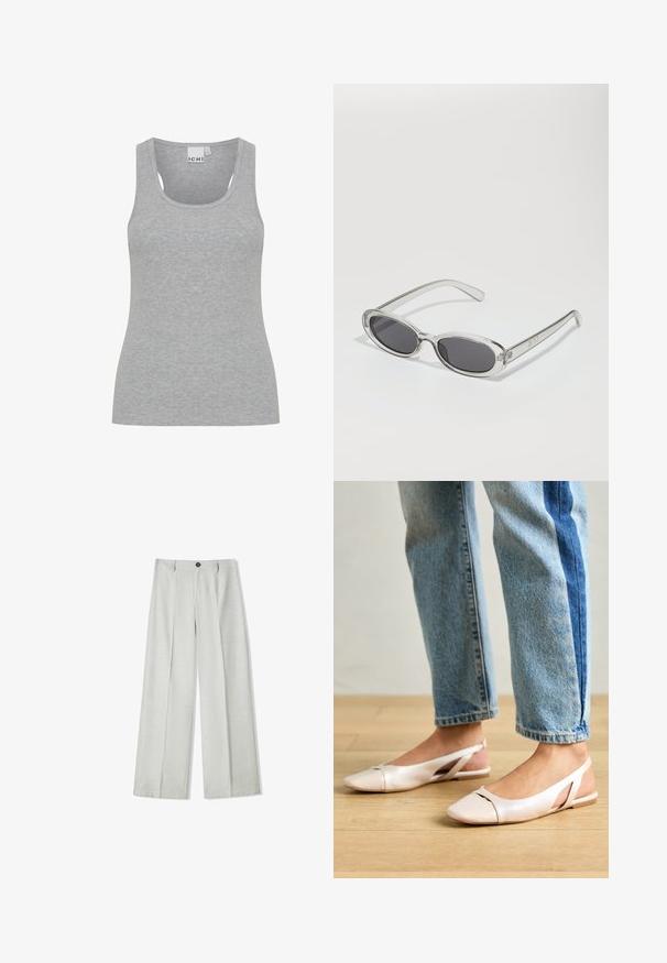Grå ribbad linne med rundad halsringning och breda axelremmar. Tillverkat av mjukt, lätt tyg. Har en åtsittande form och minimala sömmar.; Ljust grå vida byxor i ett strukturerat tyg, med fickknäppning och två veck fram för extra detalj.; Ljust rosa slingback-lägenheter med spetsig tå, tillverkade av ett slätt läderliknande material. Har utskurna detaljer på sidorna och en platt häl.; Sunglasses med oval form, klar plastbygel, mörkgrå linser och tunna genomskinliga armar med logotypsaccent och minimalt detaljerad design.; Beige handväska tillverkad av mjukt material, med en avslappnad design, sydda detaljer och två axelremmar. Lämplig för dagligt bruk.