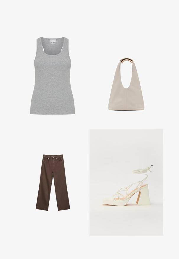 Grijs geribbelde tanktop met een ronde halslijn en brede schouderbanden. Gemaakt van zachte, lichte stof. Kenmerkt zich door een aangesloten pasvorm en minimale naden.; Brede bruine spijkerbroek van denim, met een hoge taille, voorzakken en een klassieke knoopsluiting. Soepele textuur met subtiele stiksels.; Witte hoge hakken sandaal met een chunky hak, met een bandjesontwerp en enkelband. Gladde textuur met een plateau voor extra hoogte.; Lichtgrijze leren tas met een U-vormig ontwerp en een gebogen metalen handvat. Glad oppervlak met minimale stiksels en geen zichtbare patronen.