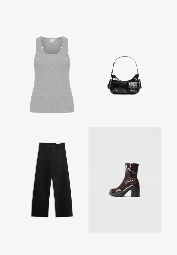 Grå ribbet tanktop med en rund udskæring og brede stropper. Lavet af blødt, letvægtsstof. Har en tætsiddende pasform og minimal søm.; Sorte wide-leg denim bukser med høj talje, der har front- og baglommer, syede sømme og en knaplukning. Glat tekstur.; Glatte burgunder ankelstøvler med en chunky sort hæl, der har en glat tekstur og et simpelt design. Ingen synlige lukninger eller mønstre.; Sort patenteret læder håndtaske med en buet form, en skulderrem, frontlommer og hardware accenter i sølvfarve.