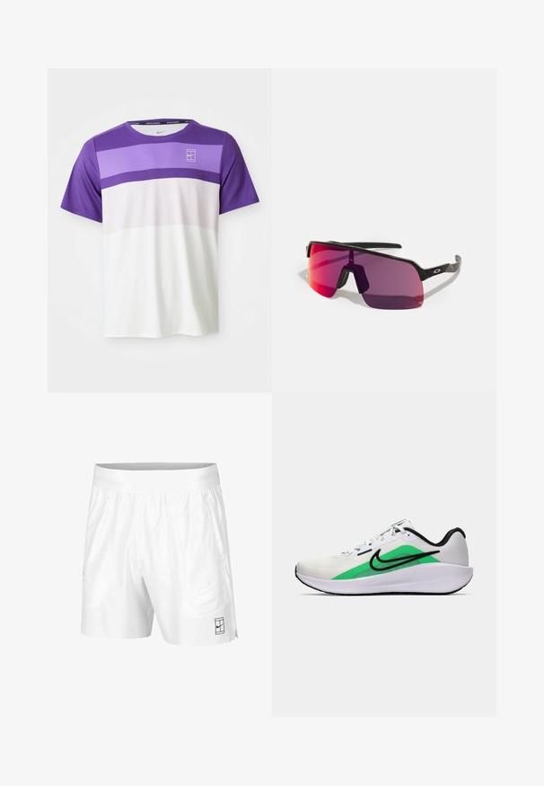 Rövid ujjú Nike sportpóló lila, levendula, világos rózsaszín és fehér vízszintes színblokkokkal, és NikeCourt logóval a mellkason.; Fehér atlétikai rövidnadrág, könnyű anyagból, rugalmas derékkal, két oldalsó zsebbel és egy kis fekete logóval az alján.; Fehér sportcipő zöld akcentussal, fekete logóval, hálós felsőrésszel, párnázott talppal és kerek sarkú kialakítással. Felszereltségében fűzők és kontrasztos részletek találhatók.; Fekete sport napszemüveg, rózsaszín és lila átmenetes lencsékkel, letisztult geometrikus dizájnnal. Állítható orrdarabbal és logóval ellátott karján.