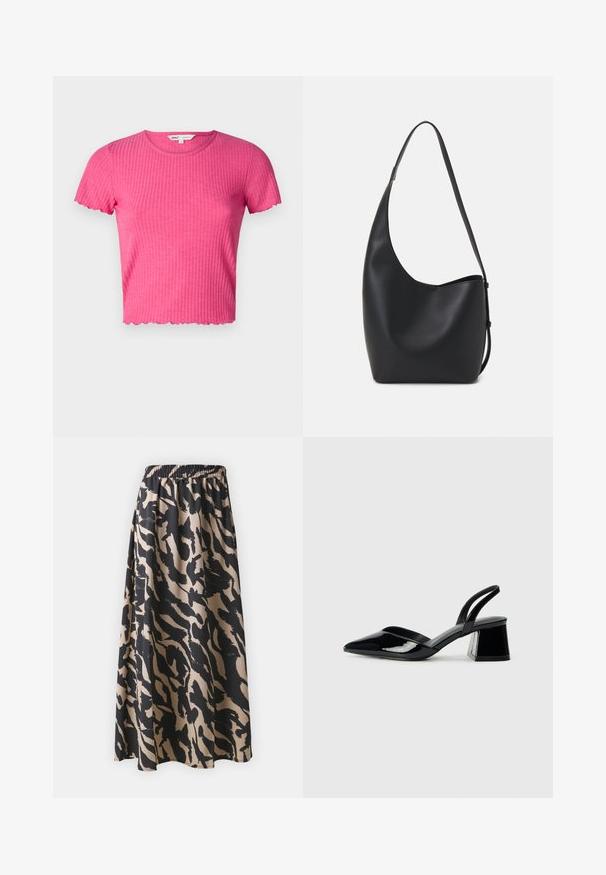 Top corto de manga corta de color rosa con cuello redondo y dobladillo festoneado. Hecho de una tela suave, presenta una silueta ajustada.; Falda larga negra y beige con cinturilla elástica, que presenta un patrón de print animal abstracto y una silueta fluida.; Zapatos de tacón slingback de charol negro con punta afilada y tacón geométrico en bloque. Presentan un diseño elegante y minimalista, así como una textura suave.; Bolso tipo hobo de cuero negro con una textura suave, forma curvada y una sola correa ajustable; presenta una amplia apertura en la parte superior.