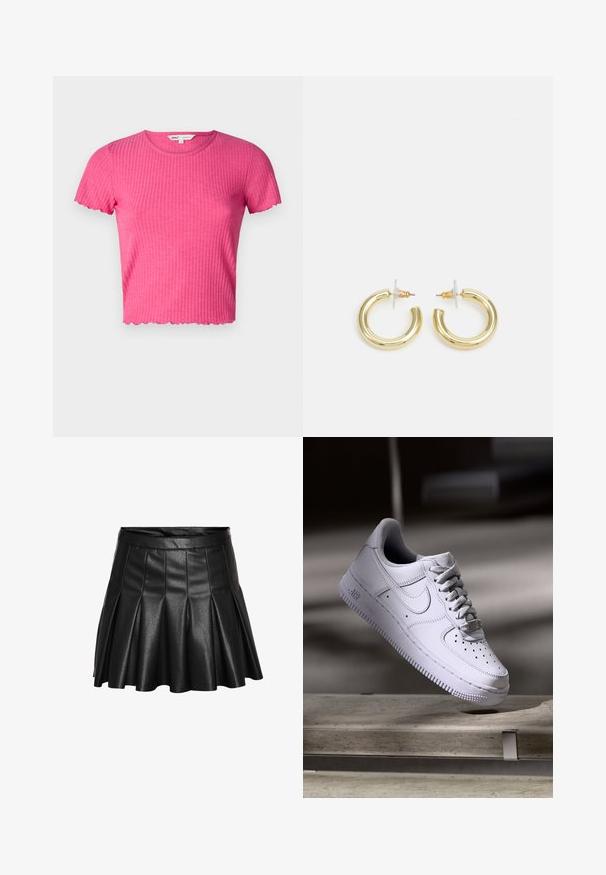Rosa geripptes kurzärmliges Oberteil mit rundem Ausschnitt und gewelltem Saum. Hergestellt aus weichem Material, hat es eine figurbetonte Silhouette.; Schwarzer Plisseerock aus Kunstleder mit tailliertem Bund und ausgestelltem Saum. Glatte Textur mit glänzendem, glattem Finish.; Weißer Nike Air Force 1 Sneaker schwebt über einer Betonoberfläche mit Schatten in einem minimalistischen Umfeld.; Goldene Creolen mit einer glatten, glänzenden Oberfläche. Zirkuläres Design mit einem kleinen Stecker und einer klaren Rückseite für einen sicheren Sitz.