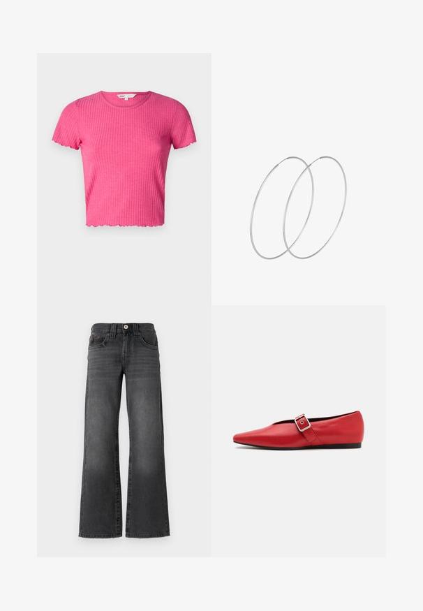 Pink ribbed short-sleeve top with a round neckline and scalloped hem. Made from soft fabric, it features a fitted silhouette.; Wide-leg jeans in dark gray denim. Features five pockets, a button closure, and subtle fading on the fabric. Classic stitching accents.; Red leather flat shoe with a pointed toe, featuring a side strap with a metal buckle and a low black heel. Smooth texture throughout.; Silver hoop earrings with a minimalist design. Circular shape, smooth texture, and thin profile. Lightweight with a polished finish.