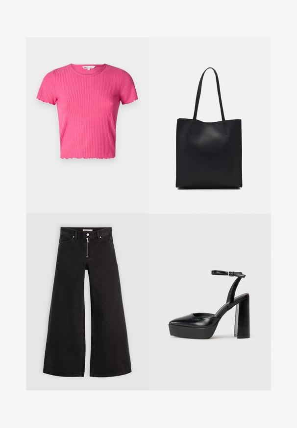 Pink ribbed short-sleeve top with a round neckline and scalloped hem. Made from soft fabric, it features a fitted silhouette.; Wide-leg jeans in black denim with a zippered front, five-pocket design, and subtle stitching details. Smooth texture and casual style.; Black platform heels with a pointed toe and adjustable ankle strap. Constructed from smooth leather, featuring a chunky block heel.; Black leather tote bag with smooth texture, rectangular shape, and two long handles. No visible hardware or embellishments.
