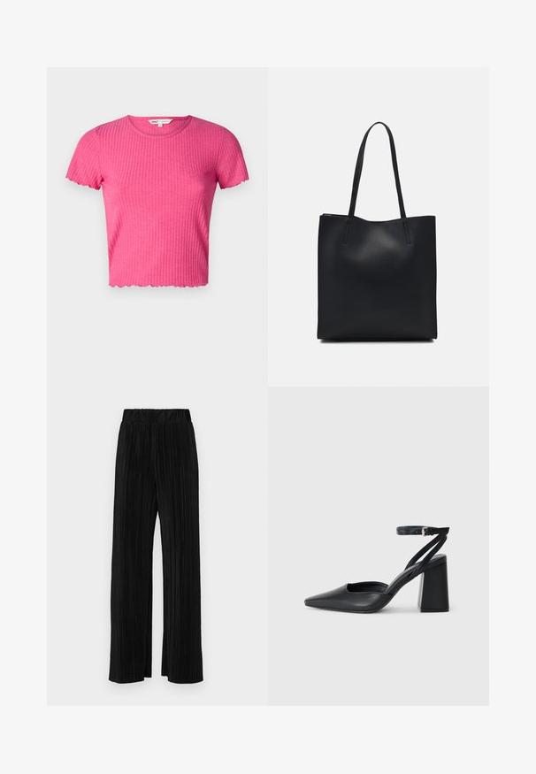 Top scurt cu maneci scurte, de culoare roz, cu un guler rotund și margine ondulată. Fabricat dintr-un material moale, are o siluetă ajustată.; Pantaloni negri plisati cu talie elastică. Prezintă picioare largi și un material neted, texturat, cu dungi verticale.; Pantofii cu toc ascuțit din piele neagră, cu breteaua pentru glezne și toc gros. Textură netedă, design elegant și estetică minimală.; Geantă tote neagră din piele, cu textură netedă, formă rectangulară și două mânere lungi. Fără hardware vizibil sau ornamente.