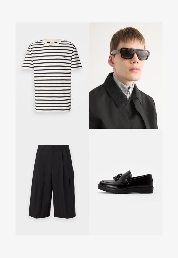 Lühikeste varrukatega t-särk kreemja ja tumesinise triibuga, valmistatud puuvillast. Omab ribaga kaelust ja väikest tikandiga logo rinnal.; Mustad kortsid, mis on valmistatud sileda tekstuuriga kangast, esise lihtsa nööpkinnitusega ja laiade, lõdvema jalaga.; Mustad nahast loafers madala tallaga, millel on dekoratiivne frantsi esiosas ja tikkimistööd servadel.; Kilpkonnamustriga prillid mustade aktsentidega ja ristküliku kujuga. Hallid harud kannavad brändi logo. Kantud musta jope ja halli kõrge kaelusega pluusiga.