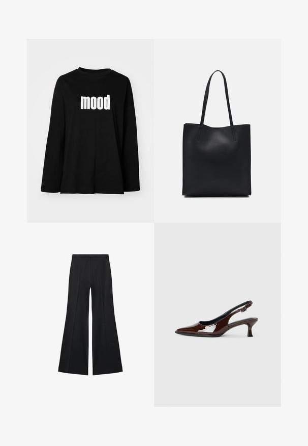 Zwarte longsleeve t-shirt van katoen met een ronde halslijn en een grote witte "mood" afbeelding aan de voorkant. Ontspannen pasvorm.; Zwarte wijde-pijpen broek met een gladde textuur, gekenmerkt door voorplooien en een op maat gemaakte uitstraling. De stof is lichtgewicht en vloeiend.; Bruine gepatineerde leren slingback-schoen met een spitse neus en een gematigd hakje. Voorzien van een gespsluiting voor een veilige pasvorm. Glad van textuur.; Zwarte leren handtas met een gladde textuur, rechthoekige vorm en twee lange handvaten. Geen zichtbare hardware of versieringen.