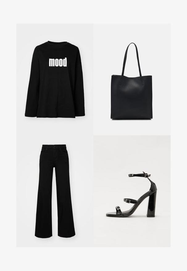 Zwarte longsleeve t-shirt van katoen met een ronde halslijn en een grote witte "mood" afbeelding aan de voorkant. Ontspannen pasvorm.; Zwarte wijdvallende broek van denim, met een gestructureerde tailleband, riemlussen en voorzakken. Glad van textuur met een klassiek ontwerp.; Zwarte gepatenteerde sandalen met hak en een vierkante neus, enkelbandjes en zilveren gespen. Heeft een stevige blokhak voor stabiliteit.; Zwarte leren handtas met een gladde textuur, rechthoekige vorm en twee lange handvaten. Geen zichtbare hardware of versieringen.