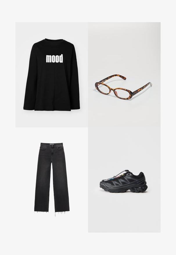 Zwarte longsleeve t-shirt van katoen met een ronde halslijn en een grote witte "mood" afbeelding aan de voorkant. Ontspannen pasvorm.; Hoge taille, wijde zwarte denimspijkerbroek met franjes aan de onderkant, vijf zakken en knoopsluiting. Glad textuur met een vervaagde afwerking.; Zwarte sportieve schoen met een gestructureerd mesh bovenwerk, versterkte neus en een snel-vetersysteem. Beschikt over een robuuste buitenzool en een lichte hakverhoging.; Schildpadbril met ovale glazen, voorzien van een glanzende afwerking, slanke armen en subtiele patronen die lijken op de strepen van een tijger.
